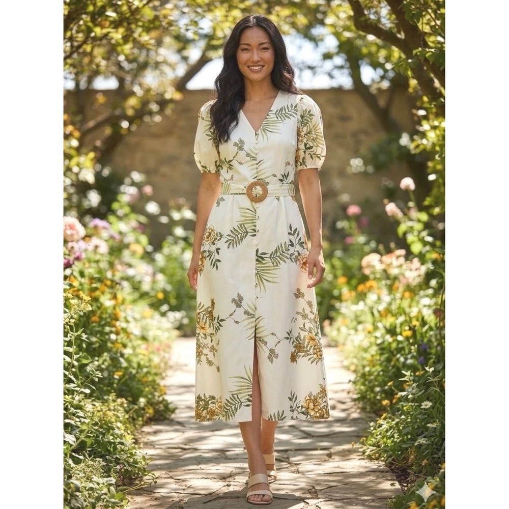 Calypso St Barth Floral Linen Blend Midi Dress Belted Button Front Size Medium